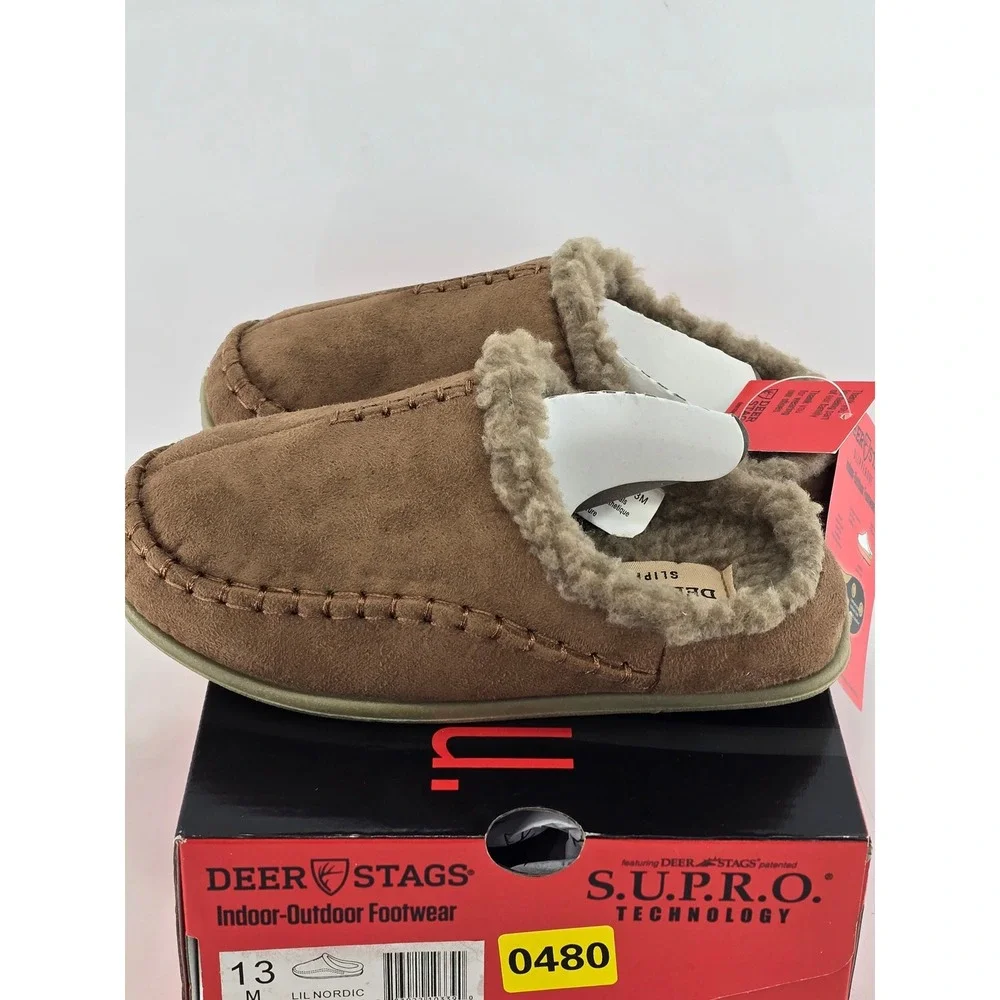 Deer Stags Lil Nordic Kids Size 13 Chestnut Suede Faux Fur Slippers - New